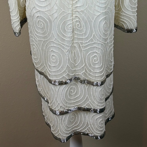 Laurence Kazar New York 100% Silk Vintage Angled Ivory Formal Beaded Midi Dress - Picture 10 of 16